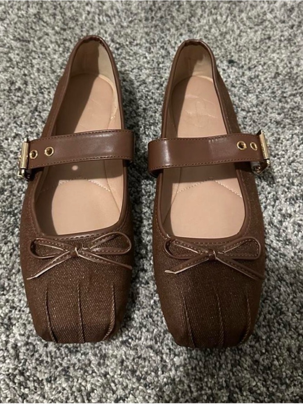SHEIN Brown Square-Toe Mary Jane Flats with Bow